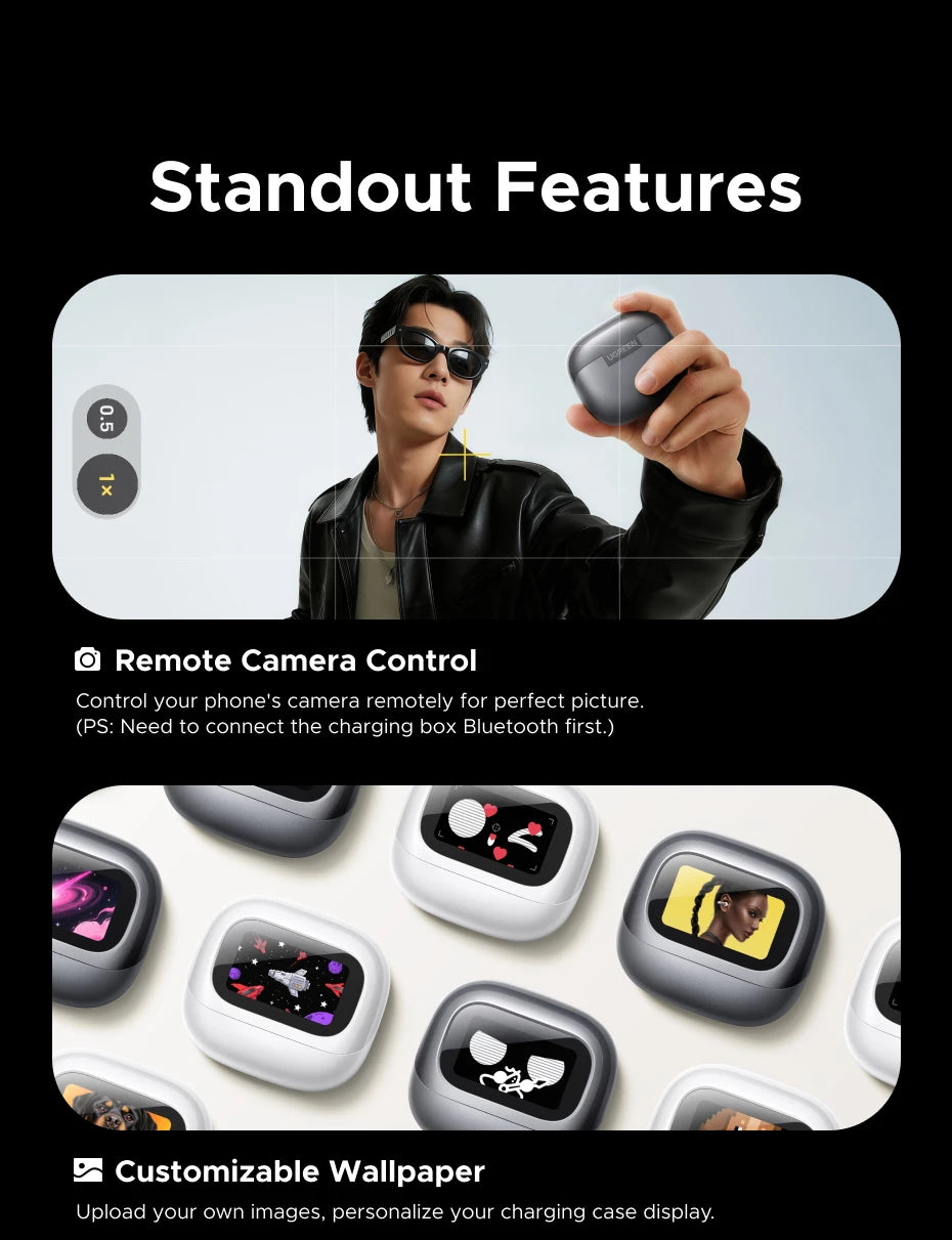 UGREEN Lightbuds Semi-open Adaptive Active Noise Cancellation ANC Wireless Bluetooth Earphones With LCD Full Color Smart Screen