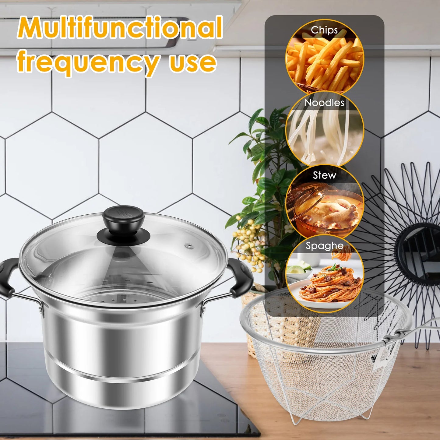 Deep Fryer Pot with Strainer Basket Stainless Steel Fryer Pot Multifunctional Deep Frying Pot for Cooking Chicken Wings Seafood