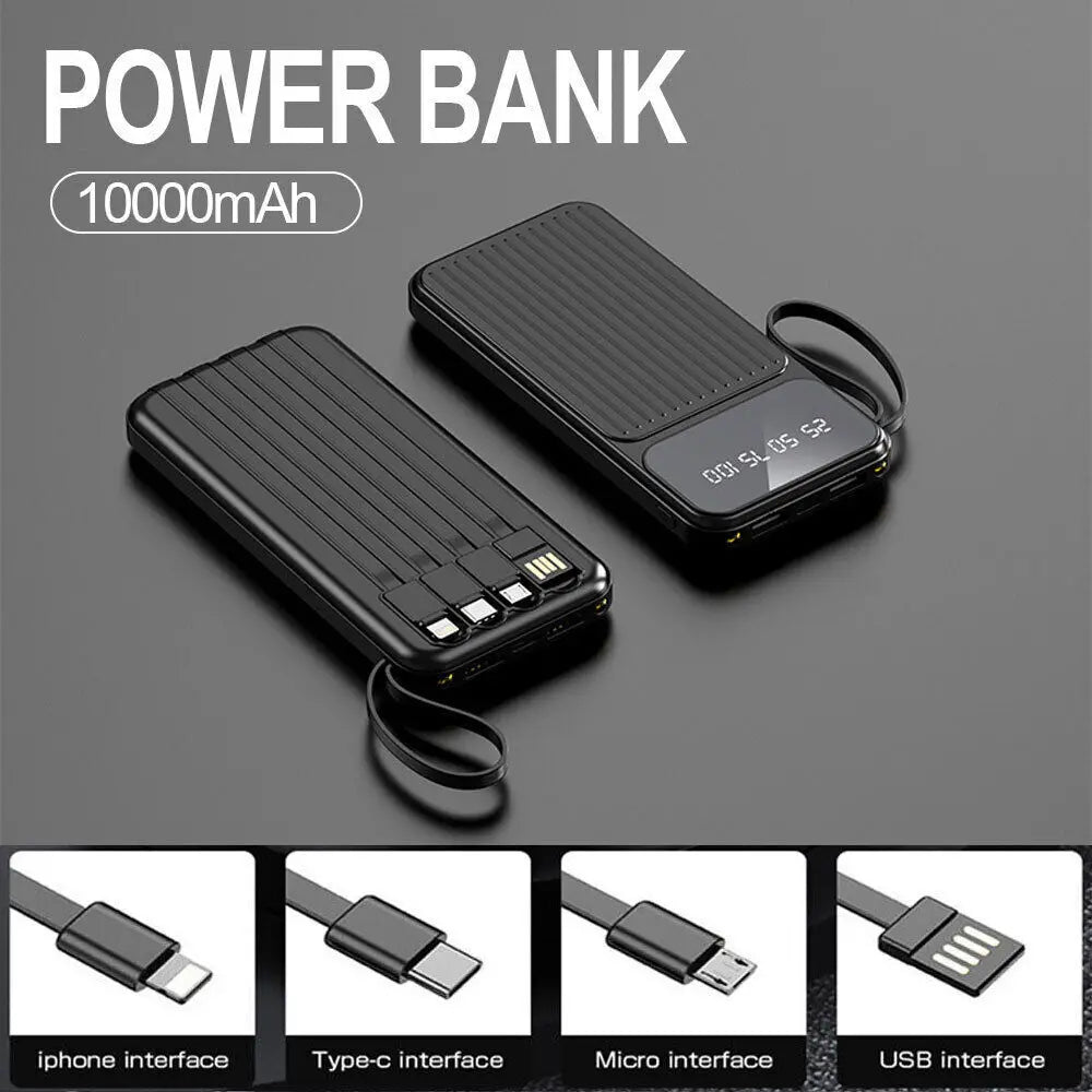 10000Mah Power Bank Pack 4 Cables Fast Charger External Battery For Mobile Phone