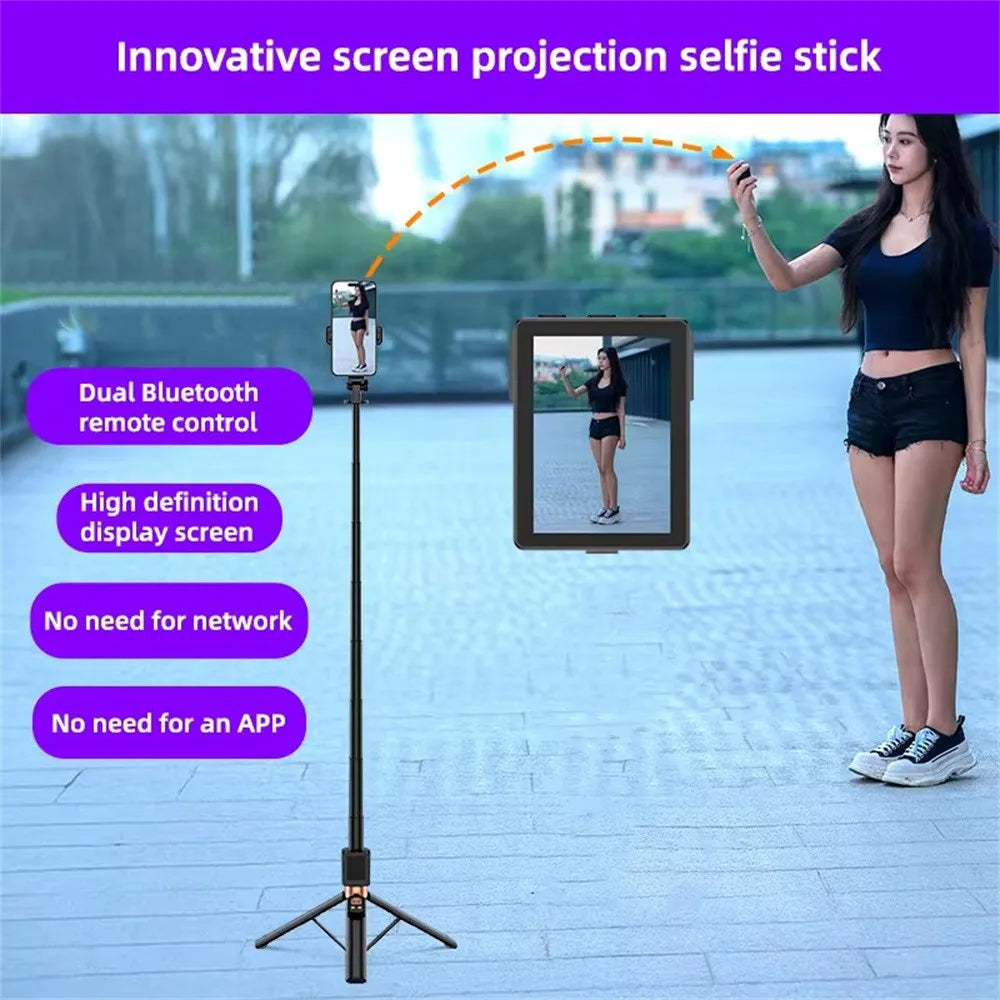 2025 New 5 in 1 Projection Rear Camera Selfie Stick with Selfie Monitor Screen Brush TikTok Bluetooth Remote Control Scrolling