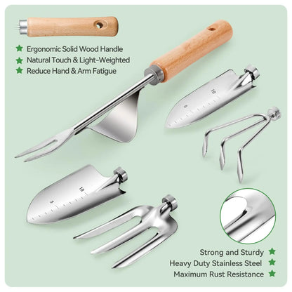 9 Piece Garden Weeding Tools Stainless Steel Gardening Tool Set with Wooden Handle, Weeder