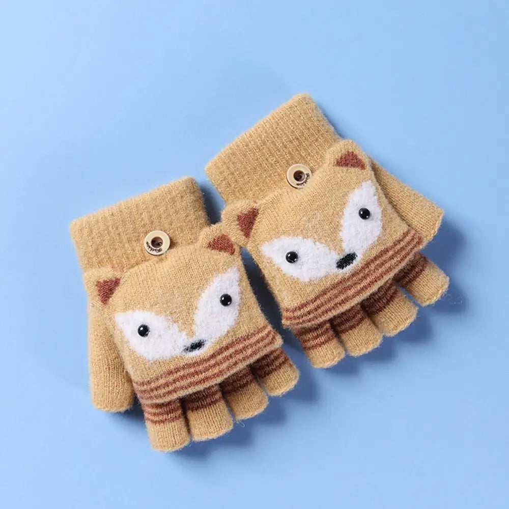 Flip Fingerless Gloves Autumn Winter Children Knitted Gloves Cute Cartoon Fox Warm Half-Finger Gloves