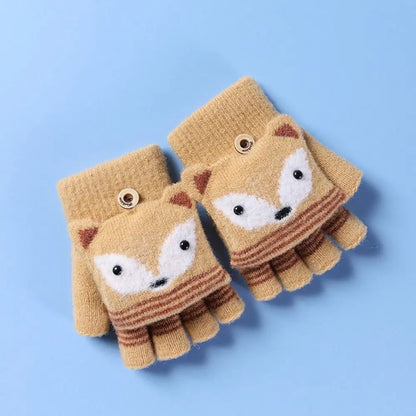 Flip Fingerless Gloves Autumn Winter Children Knitted Gloves Cute Cartoon Fox Warm Half-Finger Gloves
