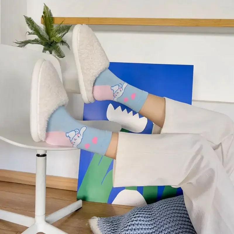 1pair Miniso Cinnamoroll Cartoon socks girl's blue combed cotton mid-tube stockings cute sanrio puppy stockings