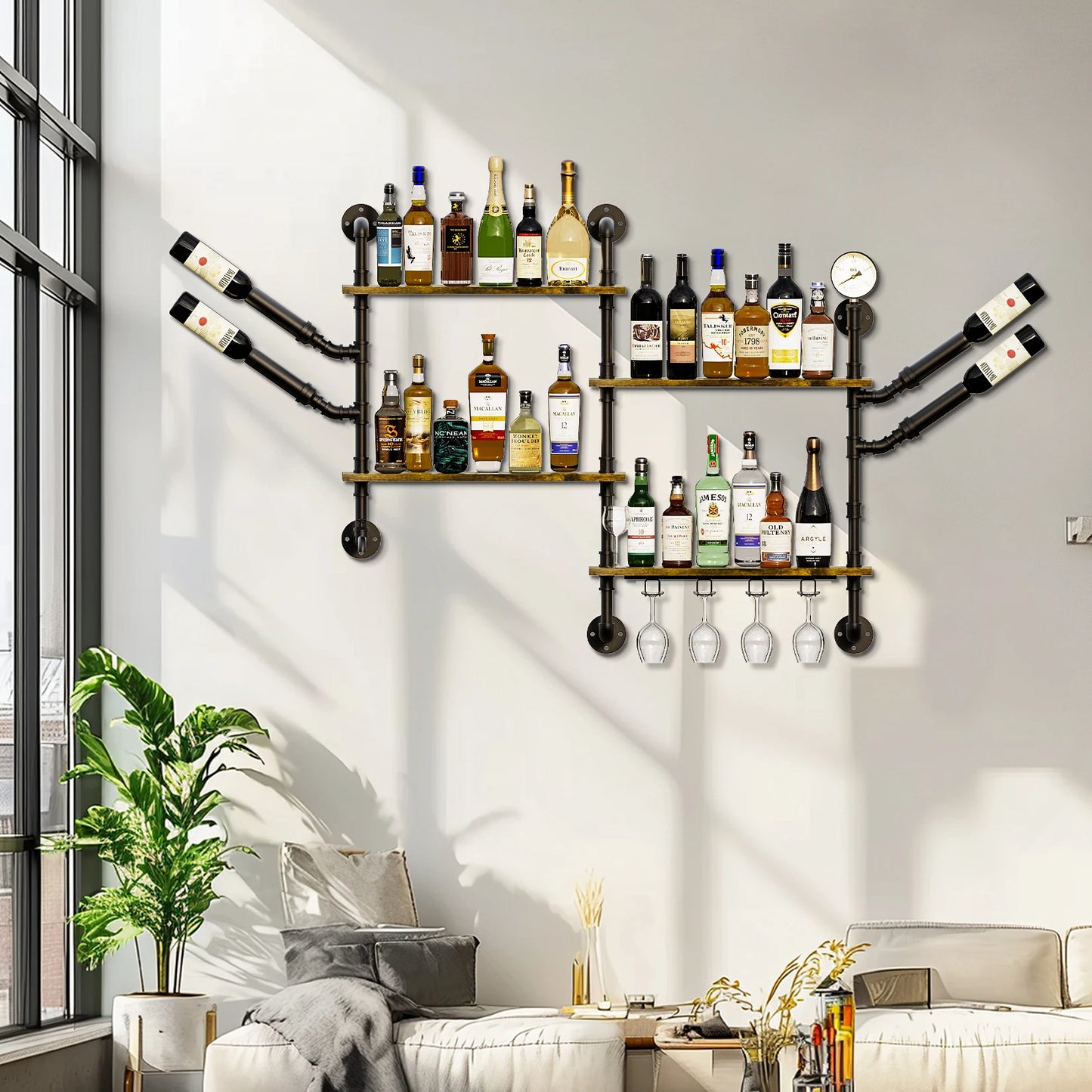Pipe Bar Liquor Shelf, Floating Shelves with Wine Glass Holder, Wall Black Shelving Unit for Living Room and Kitchen