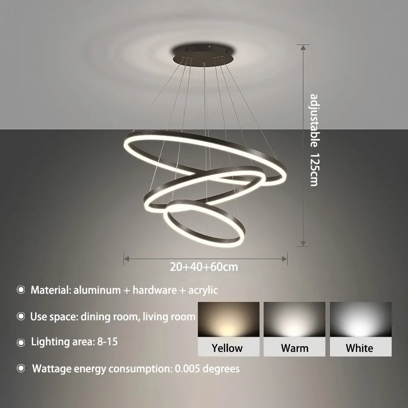 KOMORE Modern 3 Ring Aluminum Round Hanging LED Pendant Light Stepless Dimming & Cool White for Kitchen Living Room Hallway