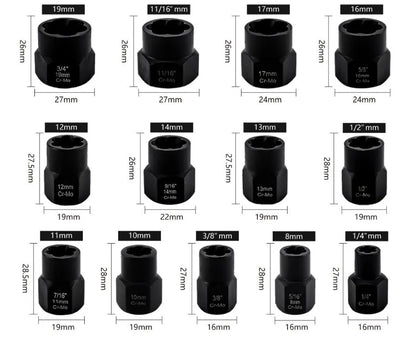 13Pc Locking Wheel Nut Remover Set Stud Bolt Impact Twist Socket Extractor Tool~