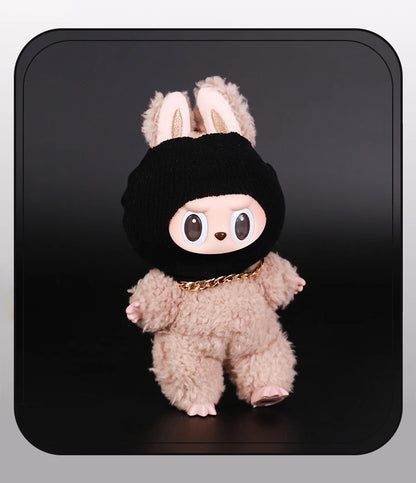 For Labubu Clothes Accessories Trendy Cool Cute Fun and Funny Style Black Knit Hat and Necklace Street Fashion Doll Accessories
