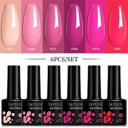 LILYCUTE 6-teiliges Set 7 ml Gel-Nagellack zum Selbermachen, leuchtend pink, semi-permanent, UV-/LED-beständig, Nageldesign-Set