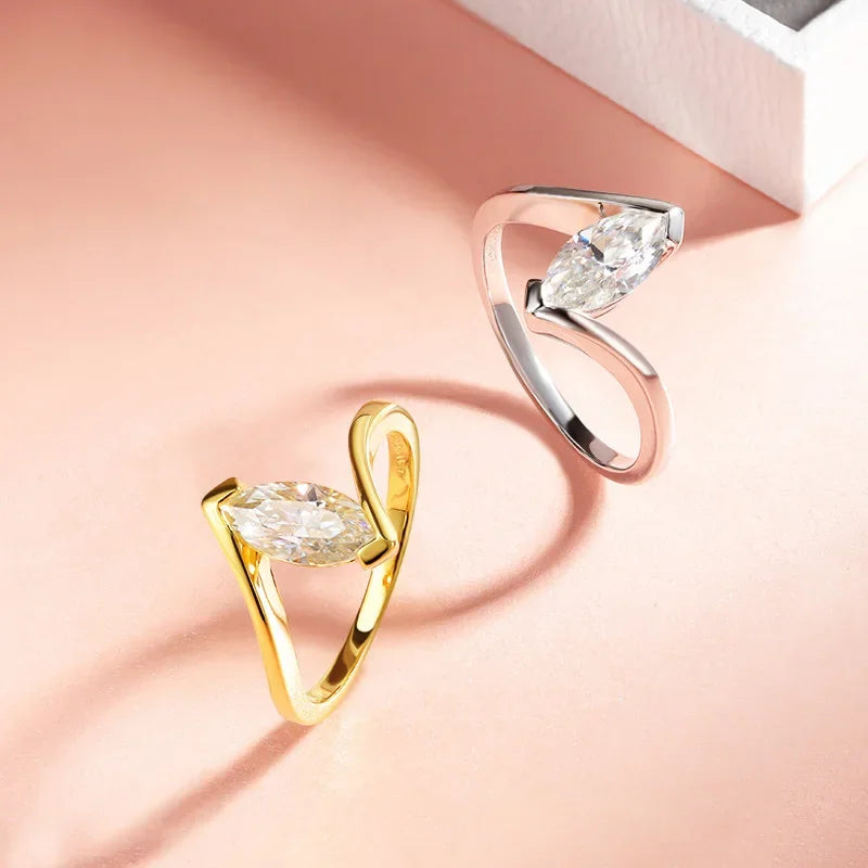 Smyoue 18K Plated 1CT Marquise Cut Moissanite Solitaire Ring for Women 100% 925 Sterling Silver Lab Diamond Weddind Band Bride