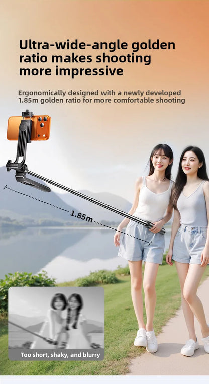 4-Axis Phone Selfie Stick Tripod 360° Anti-Shake 1.85m Extendable - 20m Bluetooth Remote for Vlog Live Streaming Travel