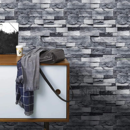 6M 3D Gray Stone Brick Effect Wallpaper Vinyl Self Adhesive Wall Stickers