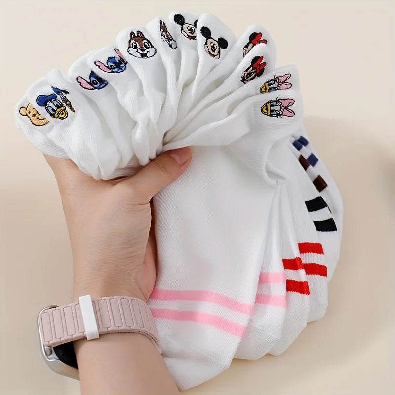 5 Pairs Spring/Summer Women's Fashion Disney Sweet and Cute Cartoon Anime Embroidered Mickey Mouse Pattern Versatile Ear Socks