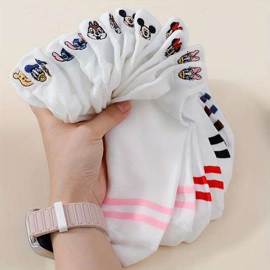 5 Pairs Spring/Summer Women's Fashion Disney Sweet and Cute Cartoon Anime Embroidered Mickey Mouse Pattern Versatile Ear Socks
