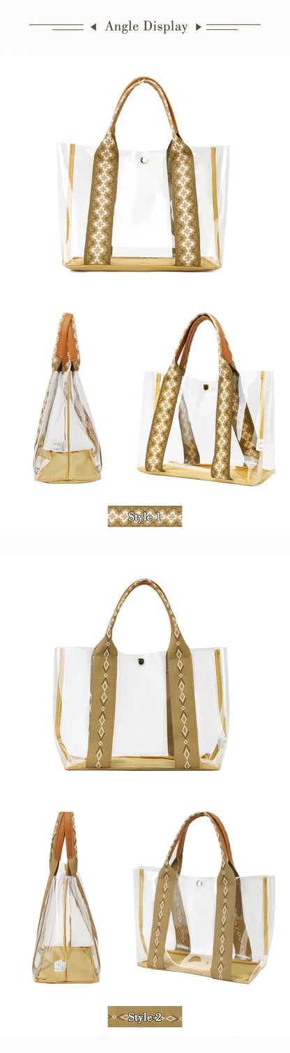 TINYAT Khaki Bohemian Style Clear PVC Tote Bag for Women, Transparent Shopper Clutch Purse for Daily Use and Music Festivals