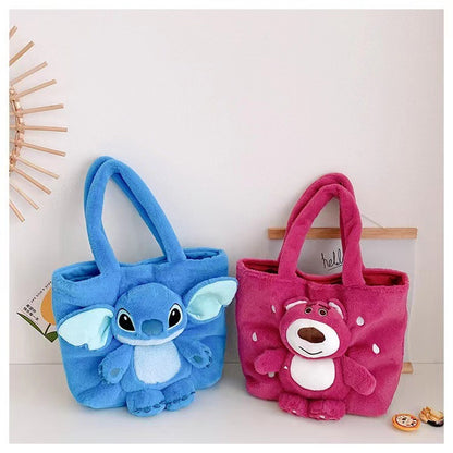 Disney 2025 New Cartoon Plush Doll Shoulder Bag Sweet and Cute Stitch Strawberry Bear Soft Cute Girls Handbag