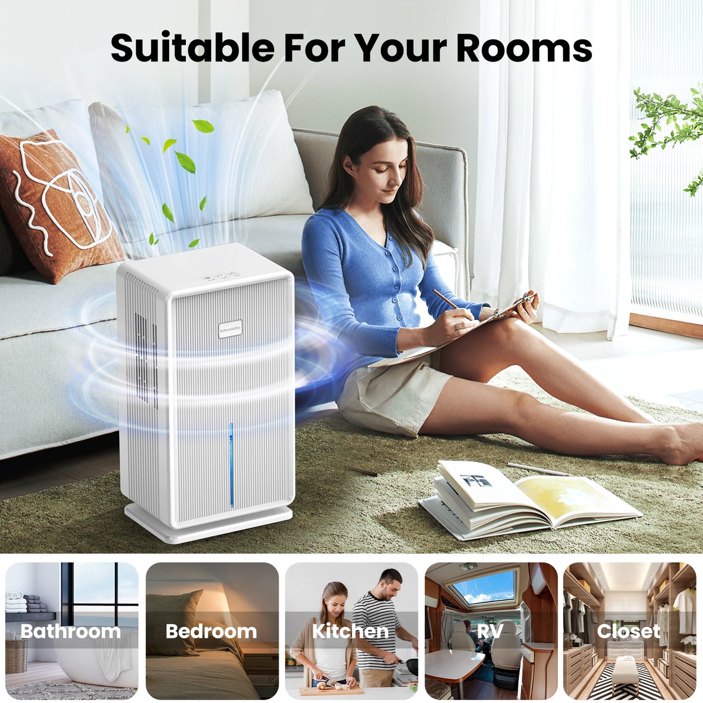 Home Dehumidifier, 750 sq. ft. bathroom dehumidifier, 100 oz dehumidifier, 7 colors night light, auto shut off, sleep mode