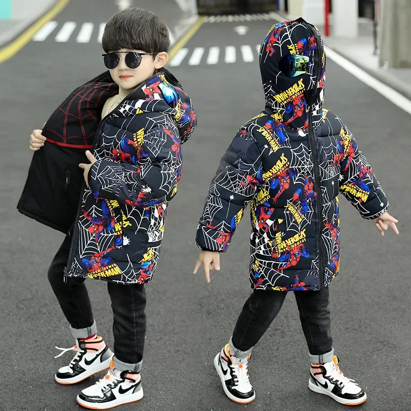 Boys Spiderman Winter Jacket - Thick Warm Hooded Down Parka Coat for Kids
