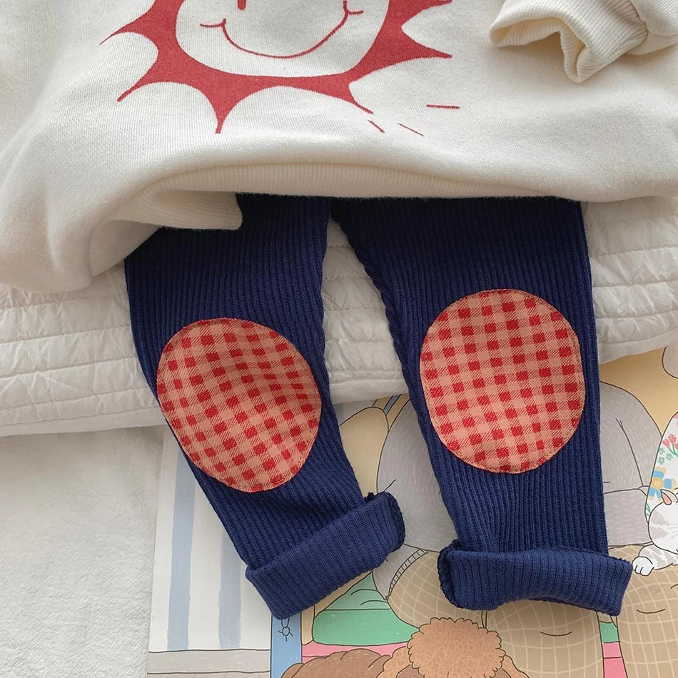 Kids Colorful Plaid Patched Feature Design Cute Warm Long Leggings Suitable Little Baby Trendy and Comfortable Clothing Matching