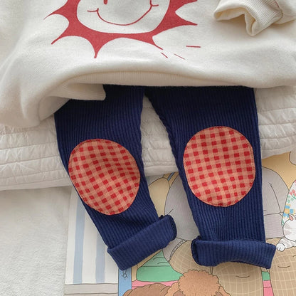 Kids Colorful Plaid Patched Feature Design Cute Warm Long Leggings Suitable Little Baby Trendy and Comfortable Clothing Matching