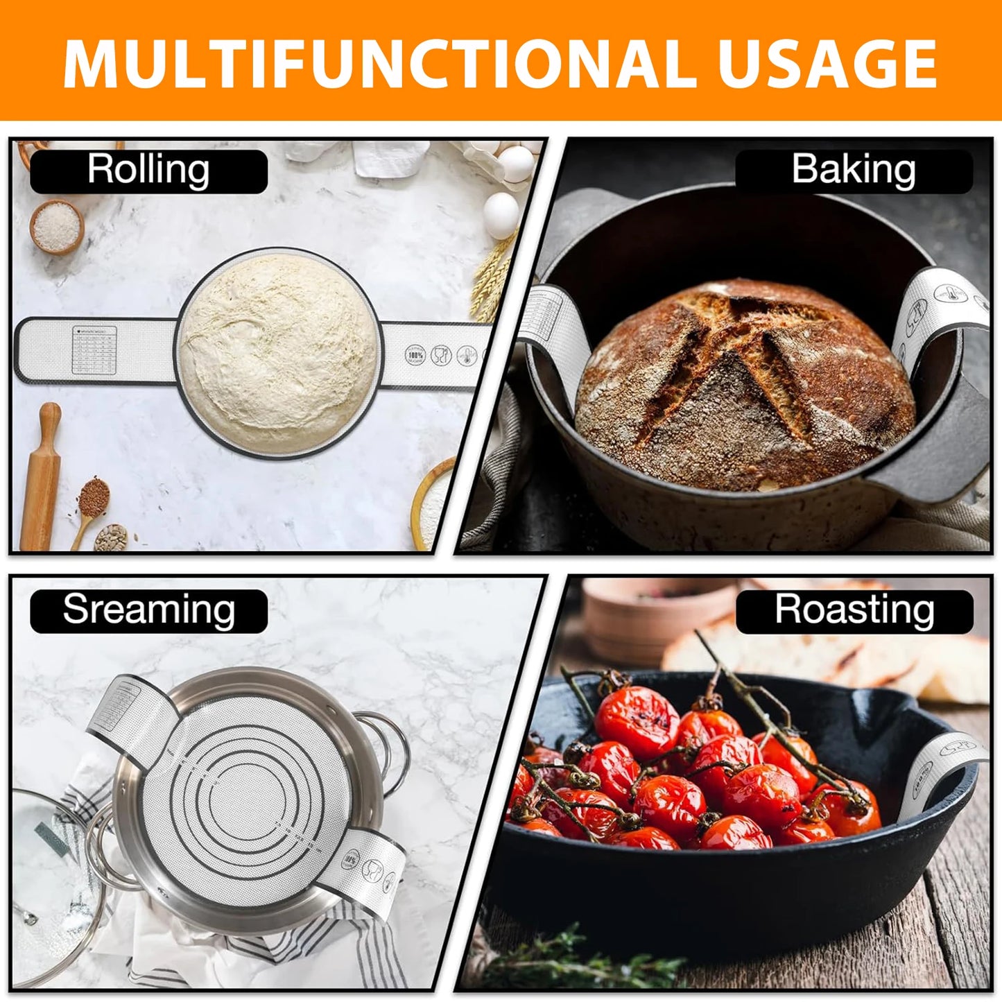 Silicone Bread Sling for Dutch Oven, Reusable Baking Mat with Long Handles, Non-Stick Sheet Liners for Transferable Dough Pastry