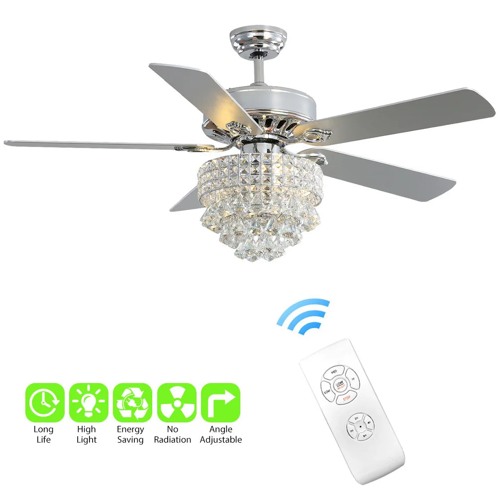 KOMORE  Modern 52 Inch Crystal 3-Light Ceiling Fan with Remote, 5 Blades for Office, Living Room, Bedroom