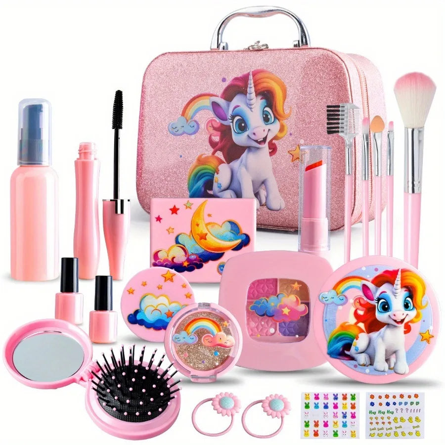 Girl Pink Unicorn Makeup Set with Box - Plastic Cosmetic Set, Non-Edible Toy Beauty Tools, Dress up Travel Bags, Birthday, Christmas, Halloween, Modern Style, Ideal Gift Boxed