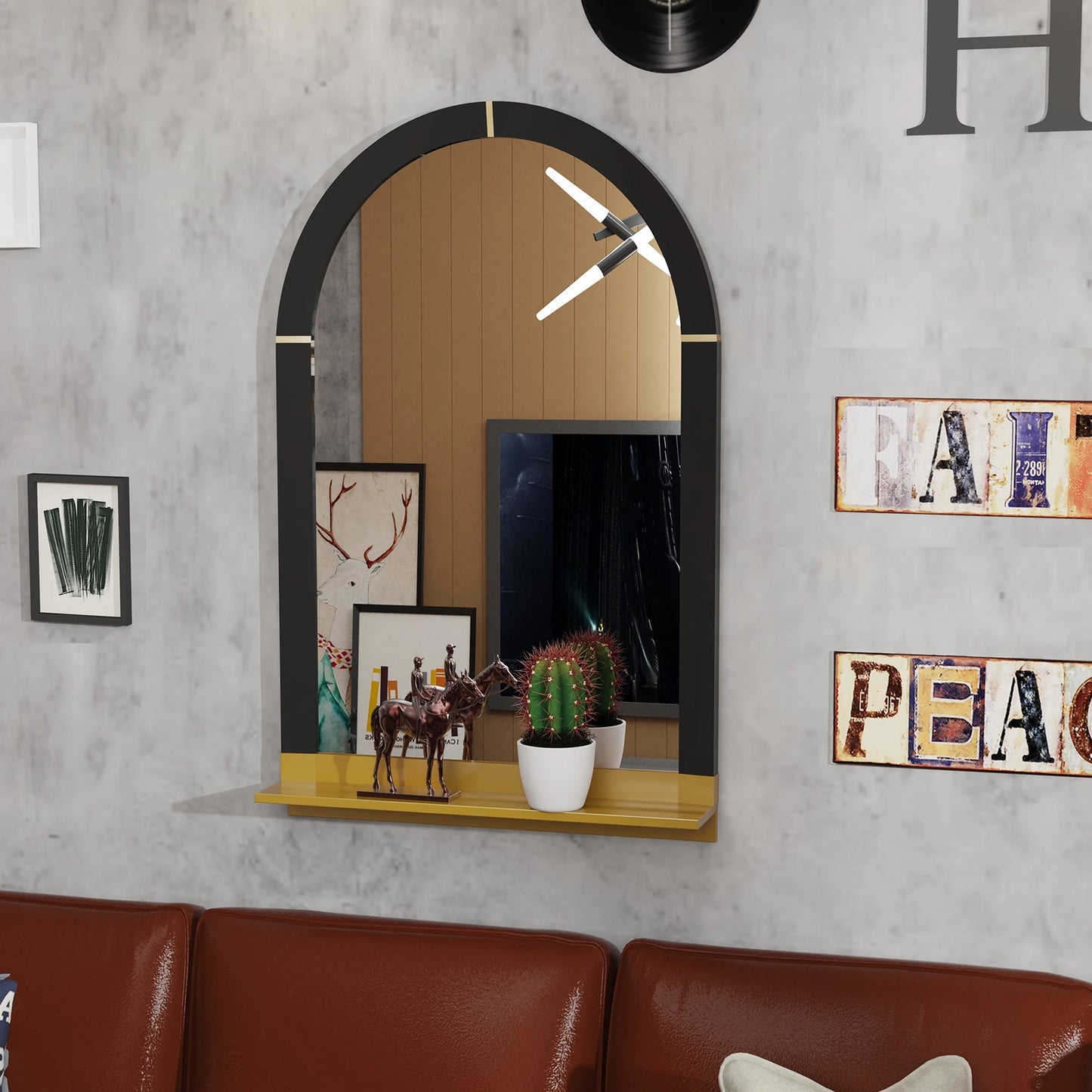 Modern Arched Wall Mirror with Shelf, Living Room, Entryway, Gold Decorative Mirror, 20x30 in