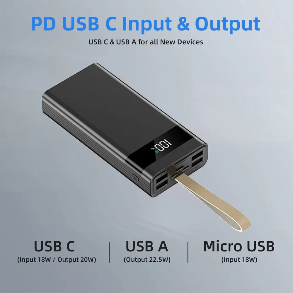 20000mAh Power Bank Portable Fast Charger 4 USB High Volume LED Battery Pack