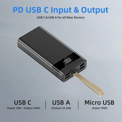 20000mAh Power Bank Portable Fast Charger 4 USB High Volume LED Battery Pack