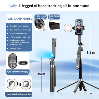 1.8m Extendable Auto Face Tracking Selfie Stick Tripod 360° Rotation Phone Stand with Wireless Remote for Tiktok YouTube Vlog