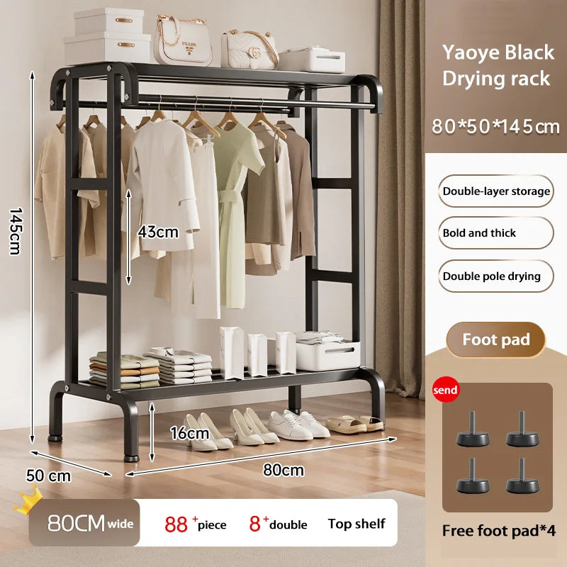 Movable Coat Rack With Universal Wheels Multifunctional Double-deck Simple Clothes Hanger Floor-Standing Bedroom Wardrobe