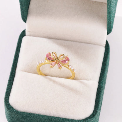 Pink Zircon Bow Heart Rings For Women Gold Plated 18K Plated Adjustable Heart Ring 2026 Trend Wedding Aesthetic Jewelry Gift