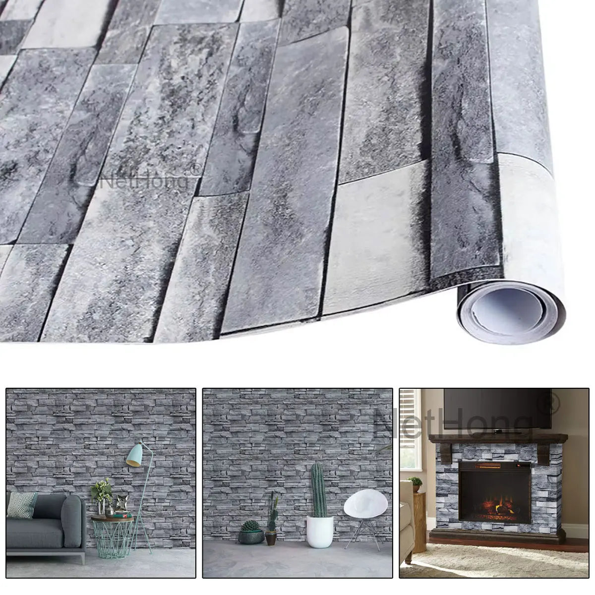6M 3D Gray Stone Brick Effect Wallpaper Vinyl Self Adhesive Wall Stickers