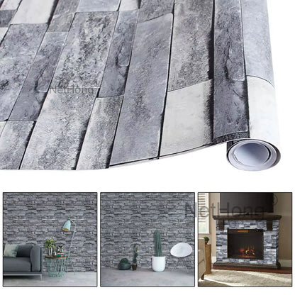 6M 3D Gray Stone Brick Effect Wallpaper Vinyl Self Adhesive Wall Stickers