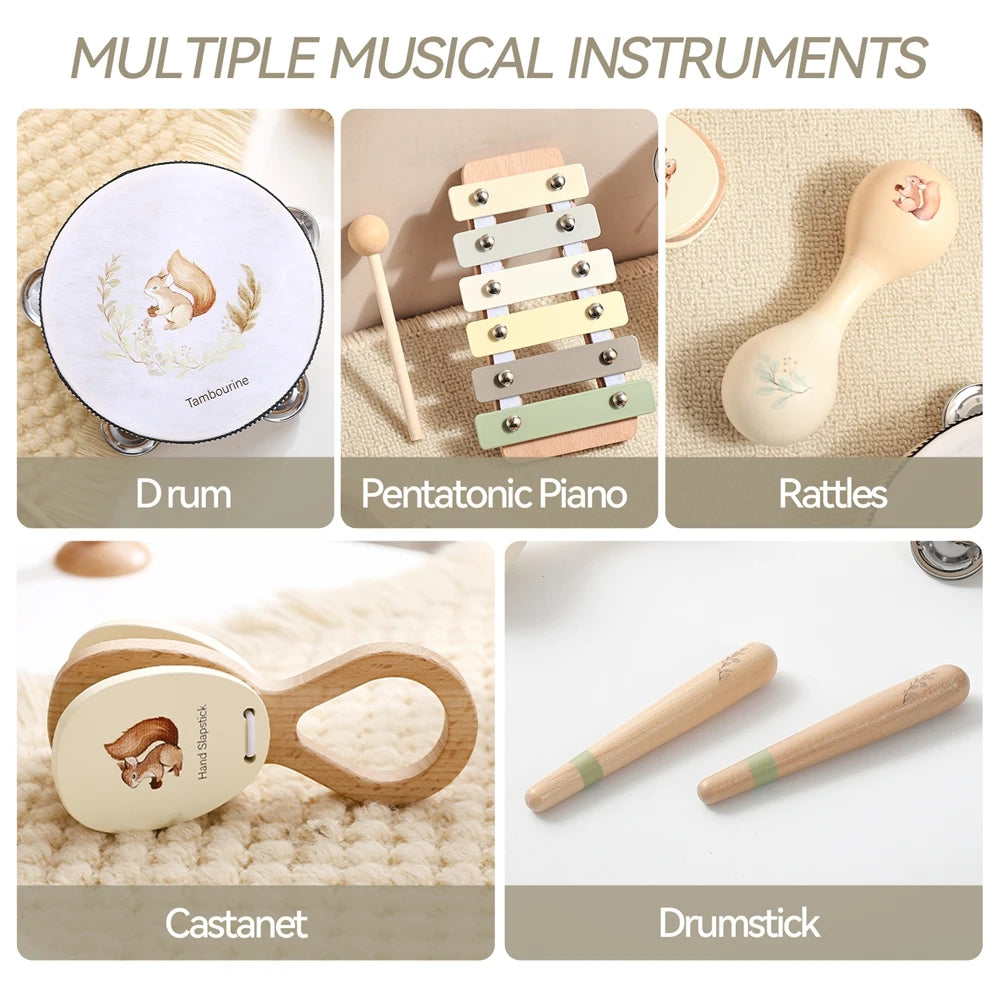 Music Toys Baby Wooden Montessori Toys Children Music Instrument Squirrel Maracas Drum Xylophone Early Education Sensor Toys Set