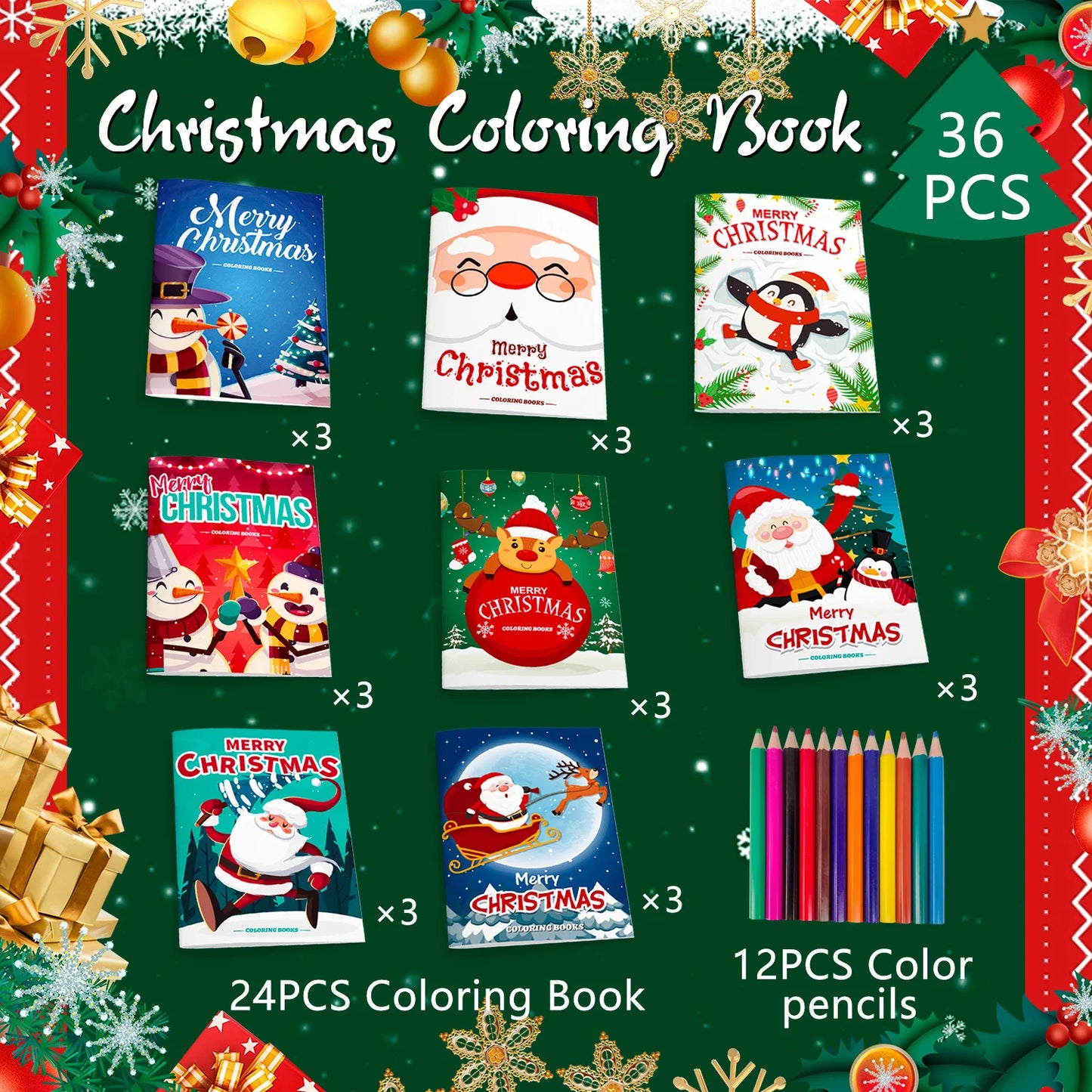 Christmas Coloring Book,24pcs Christmas Coloring Books Bulk/Xmas Activity Books Bulk & 12 Christmas Party Color Pencils for Kids