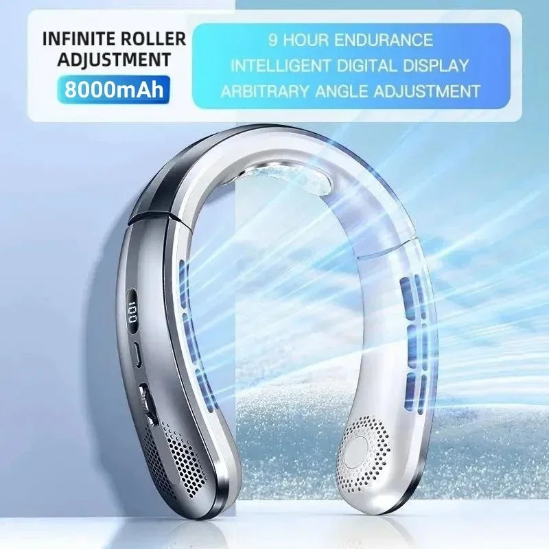 8000mAh USB Hanging Neck Fan Portable Bladeless Mini Rechargeable Mute LED Digital Display Electric Fans Air Cooler New 2025
