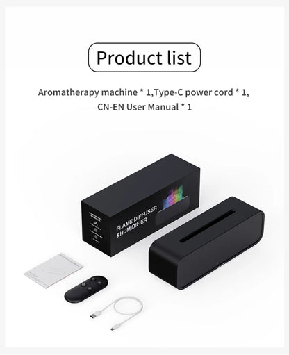 Luftbefeuchter mit Flammen-Aromatherapie-Diffusor, der ätherische Öle in 7 Farben aufnehmen kann, mit Timer und USB-Anschluss für den Schreibtisch.