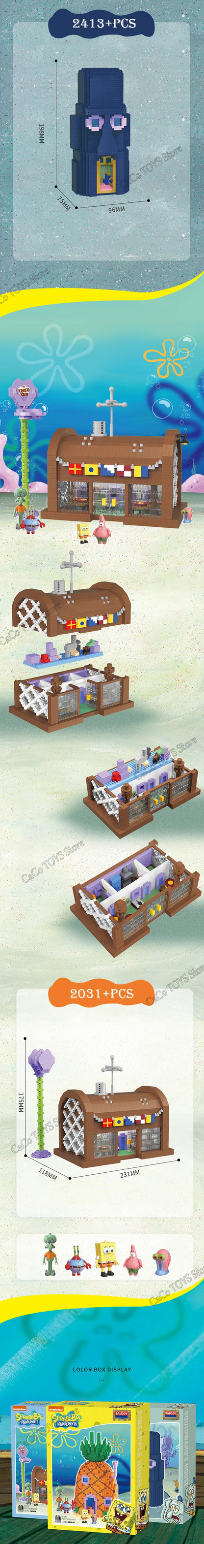 Spongebob Cartoon Krusty Krab Restaurant Building Blocks Creative Canteen Scenes Model Bricks Desktop Ornaments Toy For Kid Gift