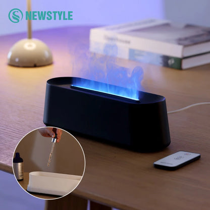Luftbefeuchter mit Flammen-Aromatherapie-Diffusor, der ätherische Öle in 7 Farben aufnehmen kann, mit Timer und USB-Anschluss für den Schreibtisch.