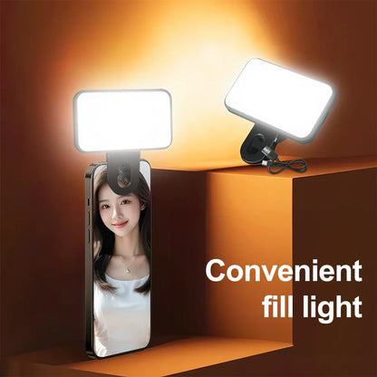 Mini Selfie Fill Light Rechargeable 3 Color Modes Adjustable Brightness Clip on Mobile Phones Computers Photography LED Lights