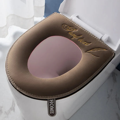 Universal Warm Velvet Toilet Seat Cover, Zipper Flip Lid Handle Tab, Letters Embroidery, Washable, Waterproof Pad, Winter