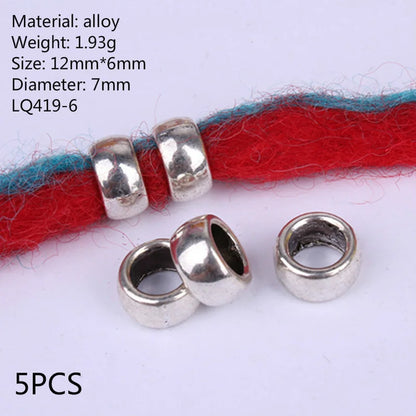 5 Pcs Antique Silver Hair Braid Dread Dreadlock Beads Cuffs Tuber Approx 8mm Inner Hole for Hair Styling Accessories Tool