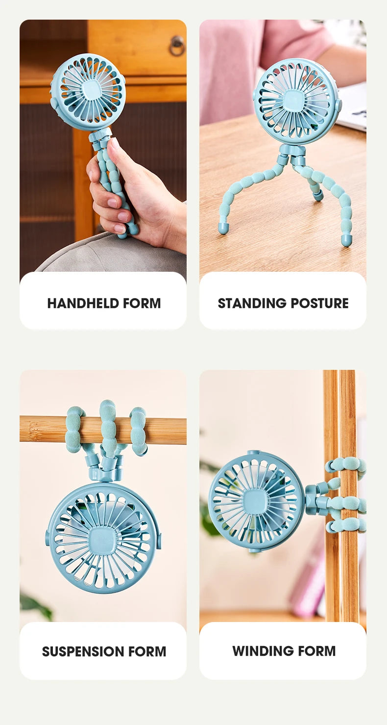 HOMEFISH Portable Baby Stroller Fan Oscillating Clip-on Mini Fan USB Battery Operated with Flexible Tripod for Pram Car Seat