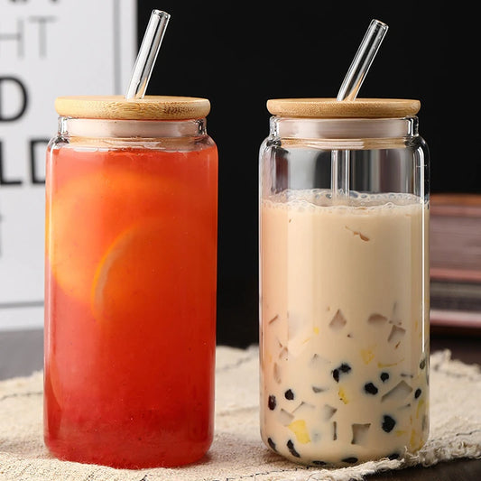 Glass Straw Cup with Dustproof Wooden Lid Heat-resisting Transparent Glass Bottle Breakfast Cola Milk Drinking Cups Holiday Gift