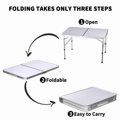 Picnic Folding Table Aluminium Foldable Adjustable Portable White Camping Table with Carrying Handle 90x60x37/67cm