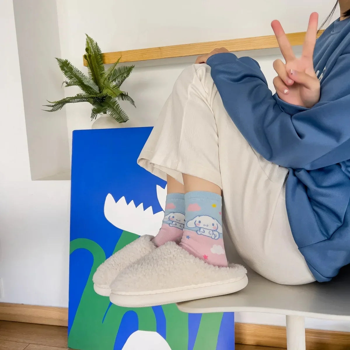 1pair Miniso Cinnamoroll Cartoon socks girl's blue combed cotton mid-tube stockings cute sanrio puppy stockings