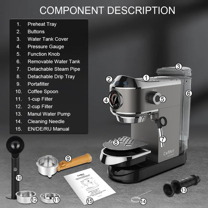 BioloMix 20 Bar Semi Automatic Powder Coffee Machine,with Milk Steam Frother Wand, for Espresso, Cappuccino, Latte and Mocha
