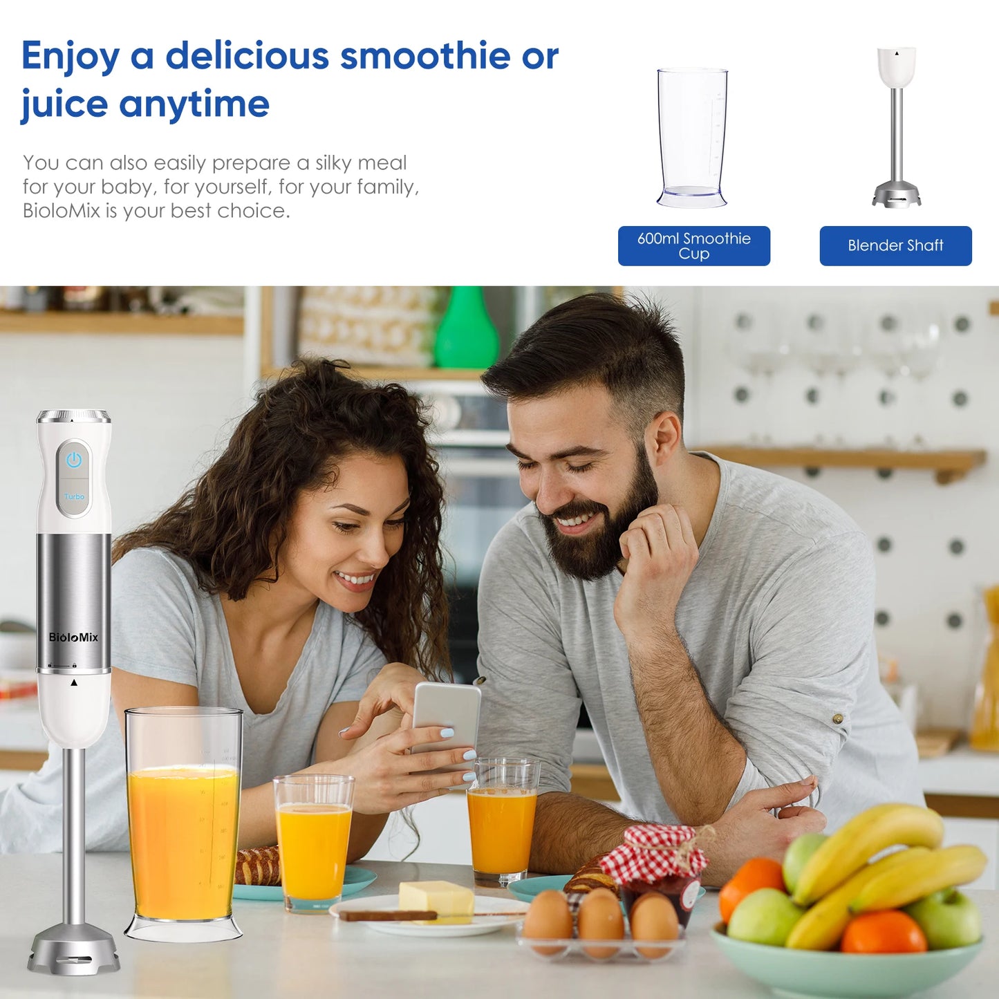 BioloMix 1000W 4-in-1 Immersion Hand Stick Blender Mixer Vegetable Meat Grinder 500ml Chopper Whisk 600ml Smoothie Cup